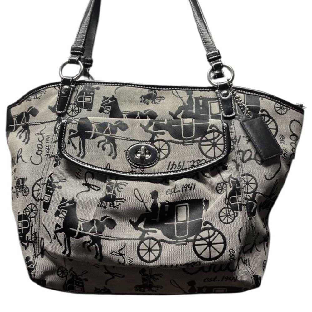 Coach Beige and Black Carriage Print Canvas Tote with Turn-Lock Pocket